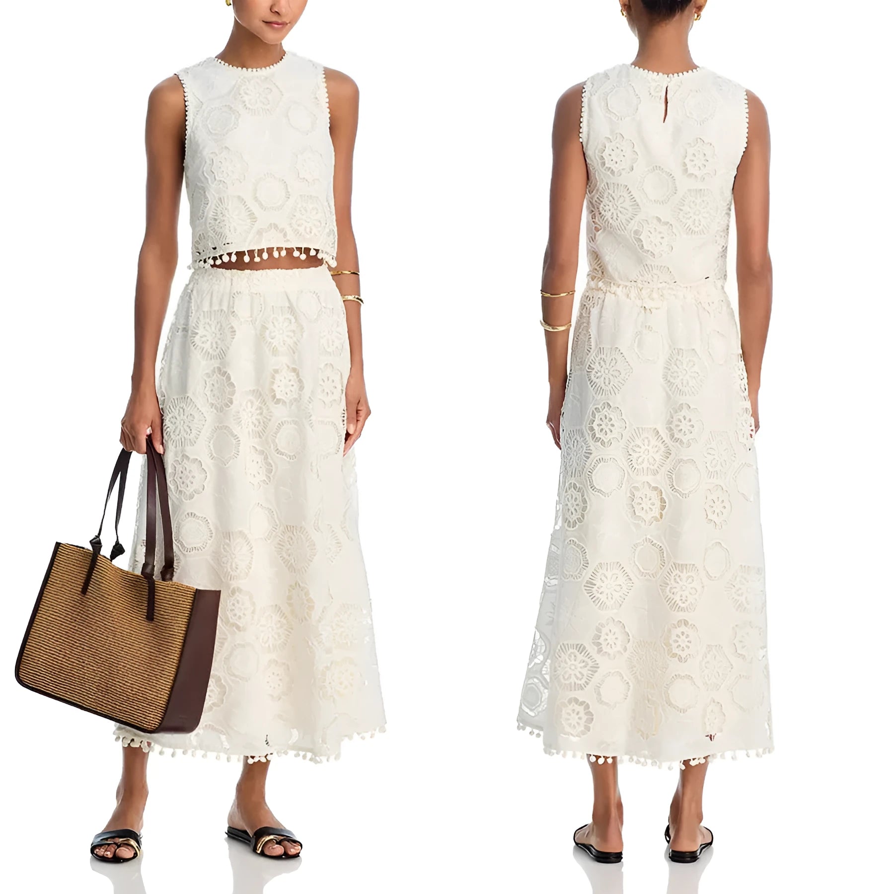 White women's sleeveless top and long skirt suit set with embroidery detailing