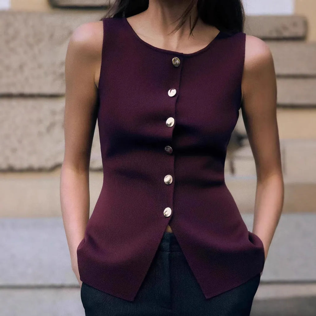 Dark red slim fit sweater vest with gold buttons and 3D textured pattern