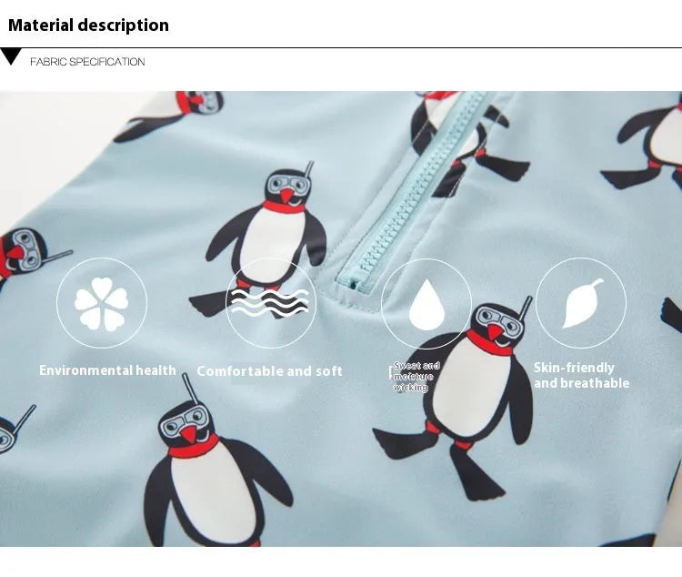 Boy's penguin themed long sleeve swimsuit with matching swimming cap for sun protection