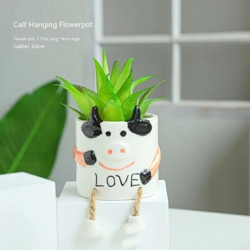 Ceramic hanging foot flowerpot for succulent plants in cartoon style with drainage