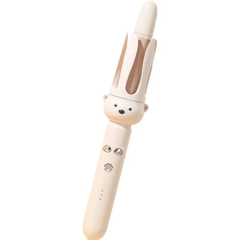 Beige anion automatic hair curler with styling stick on white background