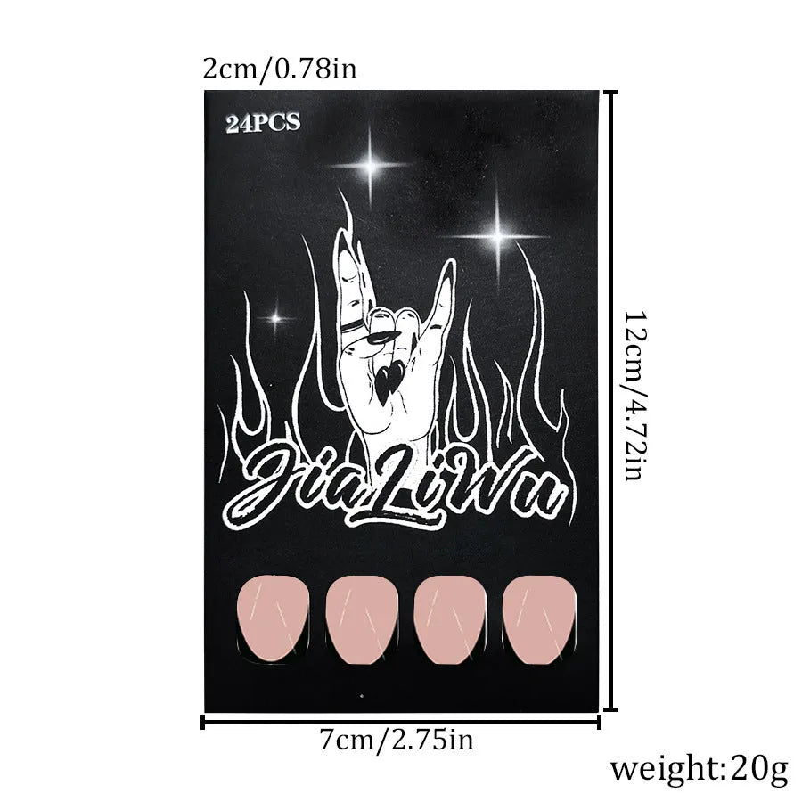 Set of 24 black French manicure false nails in a short almond shape, style J049.