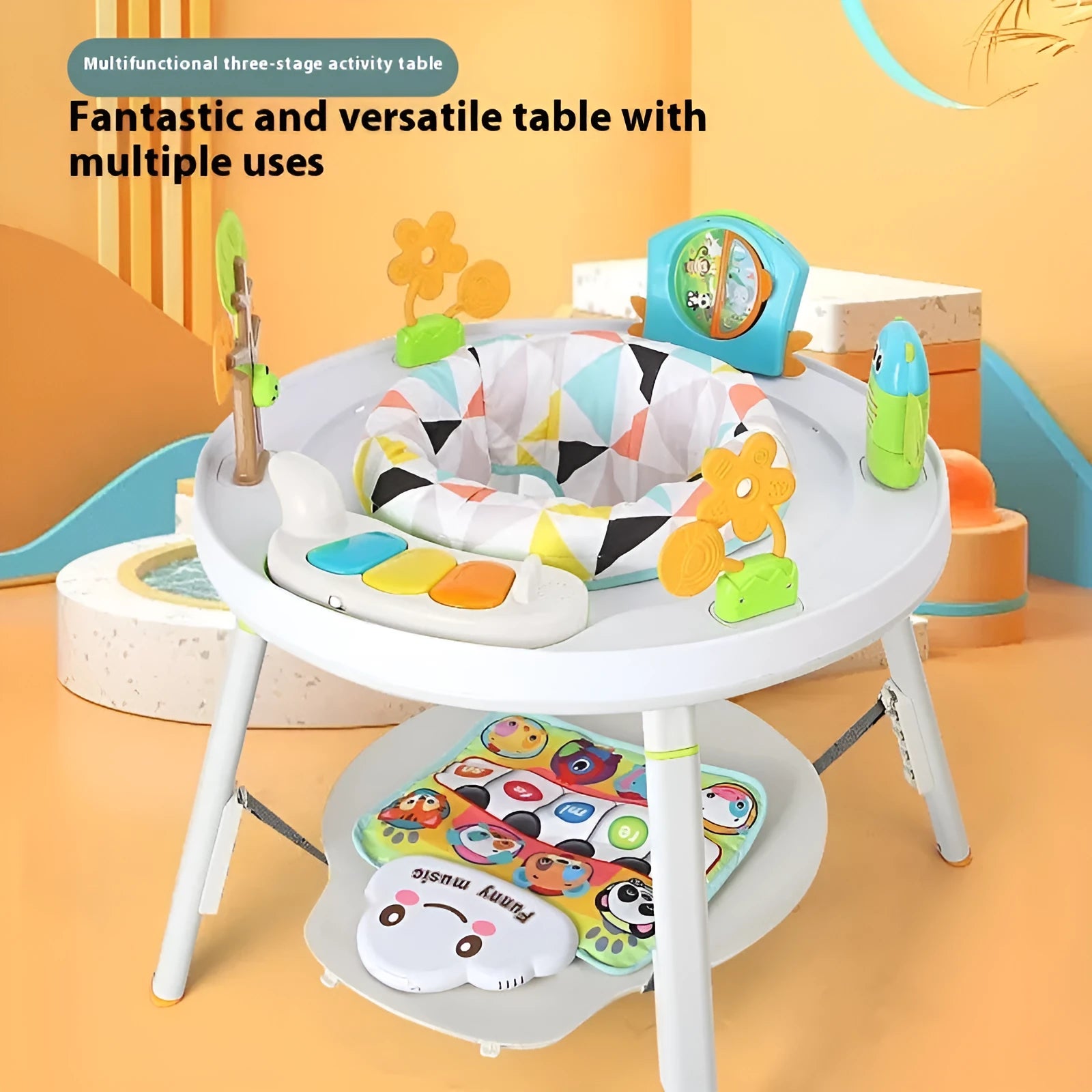 A white baby jumping chair activity centre with a bouncing seat, gymnastic rack, and toys in a duck or lion character design.