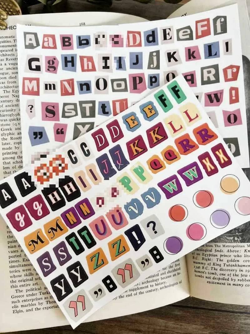 English letters and numbers symbol label stickers showing full alphabet sets and weekly words in cute style
