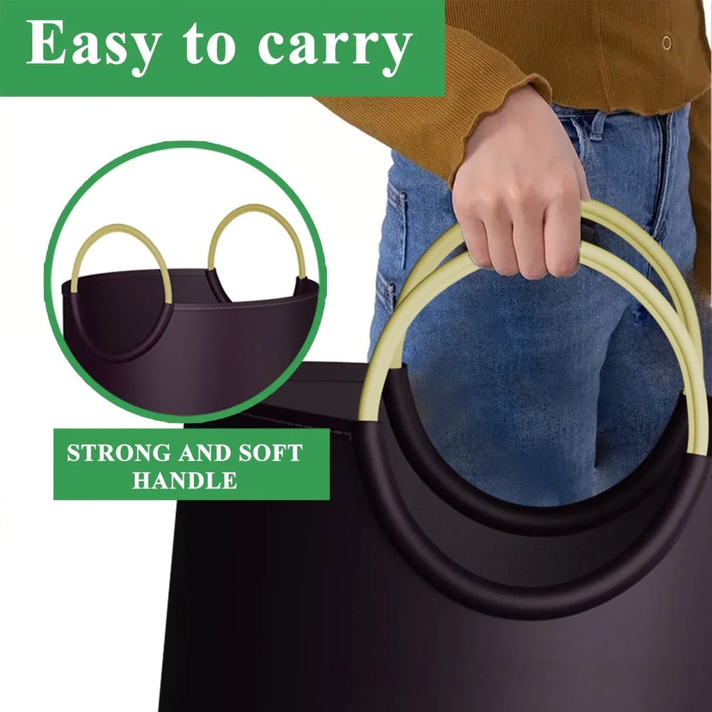 Round portable polypropylene trash can with a removable plastic liner bag.
