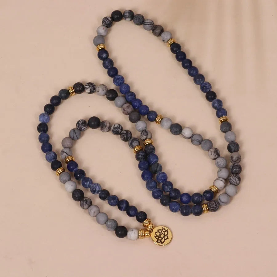 Blue patterned network stone bead multi-layer bracelet with alloy construction and adjustable fastening
