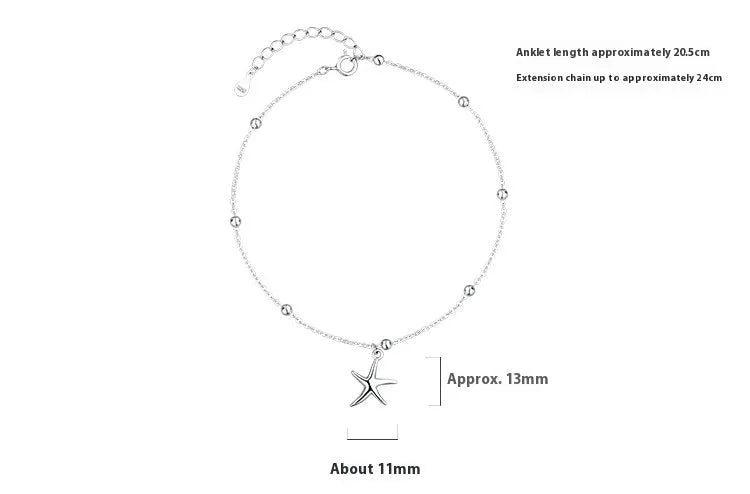 S925 sterling silver starfish anklet on an adjustable chain with round beads.