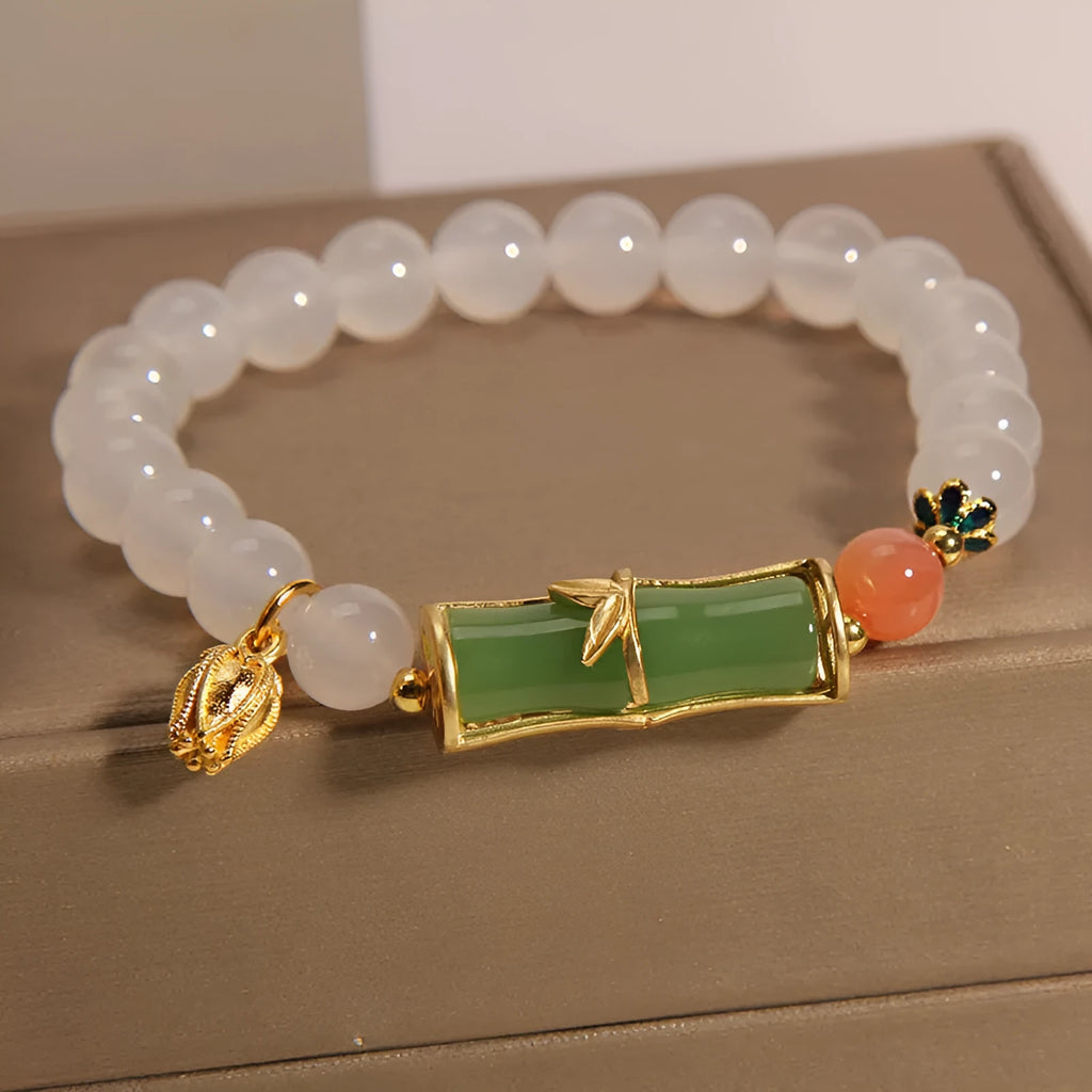 White agate and jade bamboo beaded bracelet in Chinese style for women.
