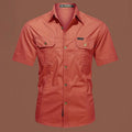Men's short sleeve cotton work shirt in a loose cardigan style, shown in Army Green colour.