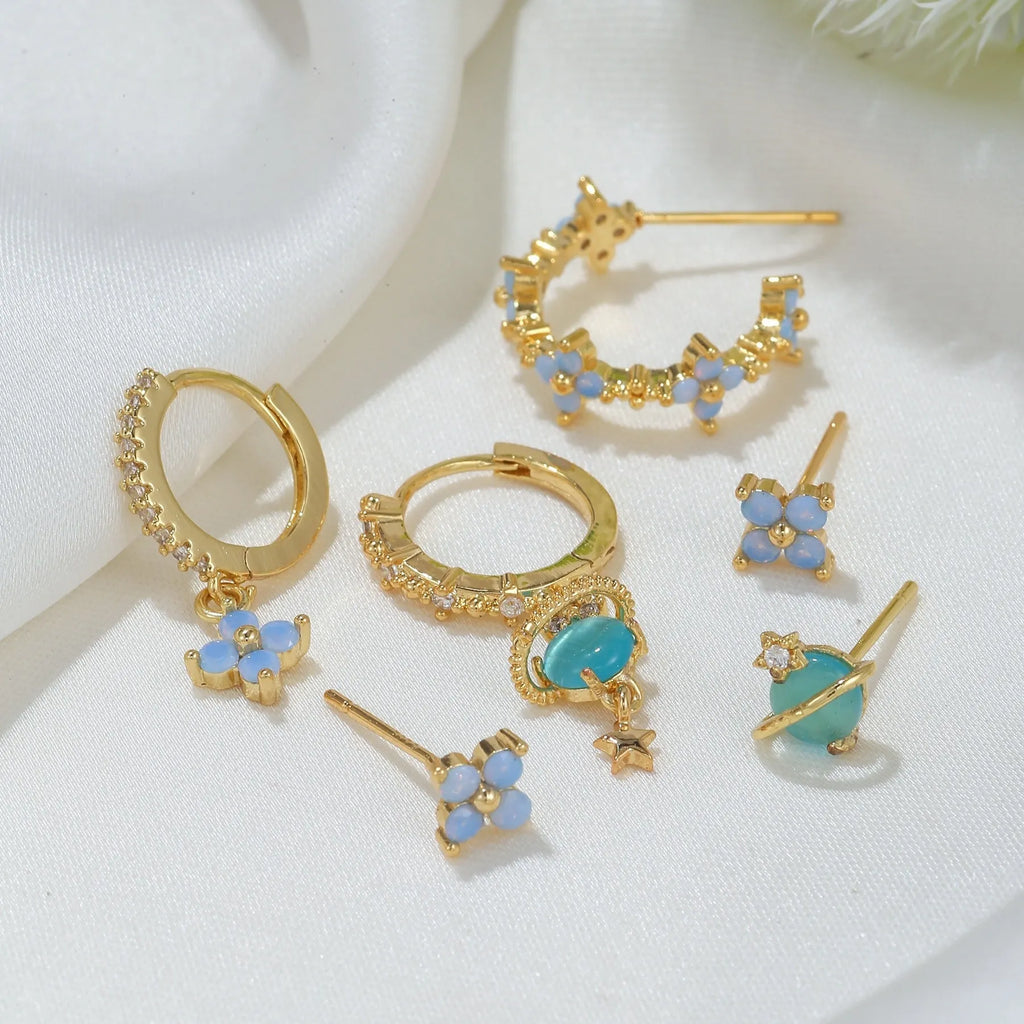 Gold and silver flower stud earrings with a central zircon mosaic, Japanese Korean sweet girl style.