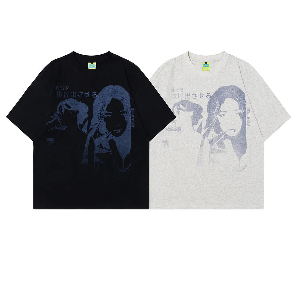 Men's grey retro graphic t-shirt with character design, loose fit and short sleeves.