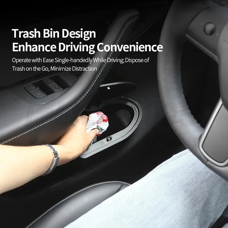 Black ABS car door trash cans sized for Tesla Model Y front door pockets
