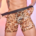 Men's leopard print boxer shorts showing animal pattern design on nylon fabric