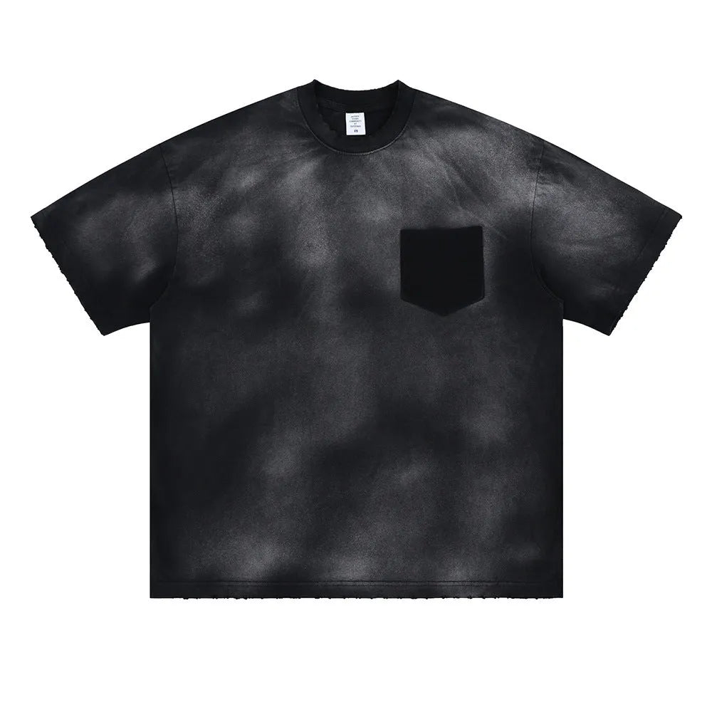 Men's black loose fit cotton t-shirt with drop-shoulder sleeves and printed letter design