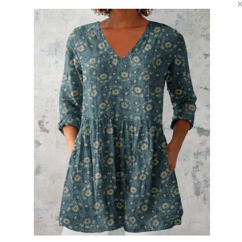 Women's printed dress with wave pattern, 3/4 sleeves and loose wide waist fit