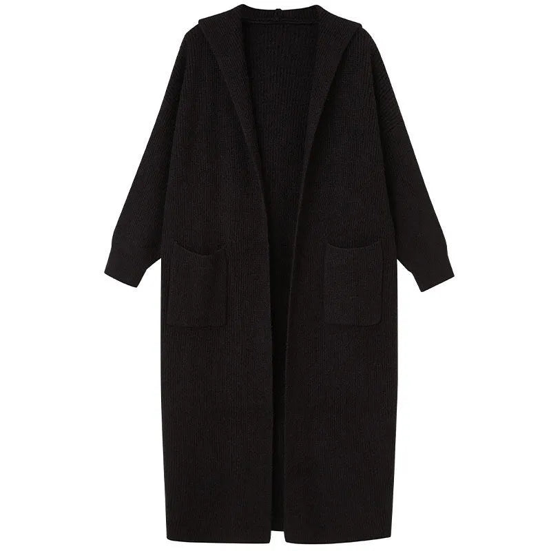 Long knitted cardigan for women with hood, thick wool blend fabric in solid colour, loose trench coat style