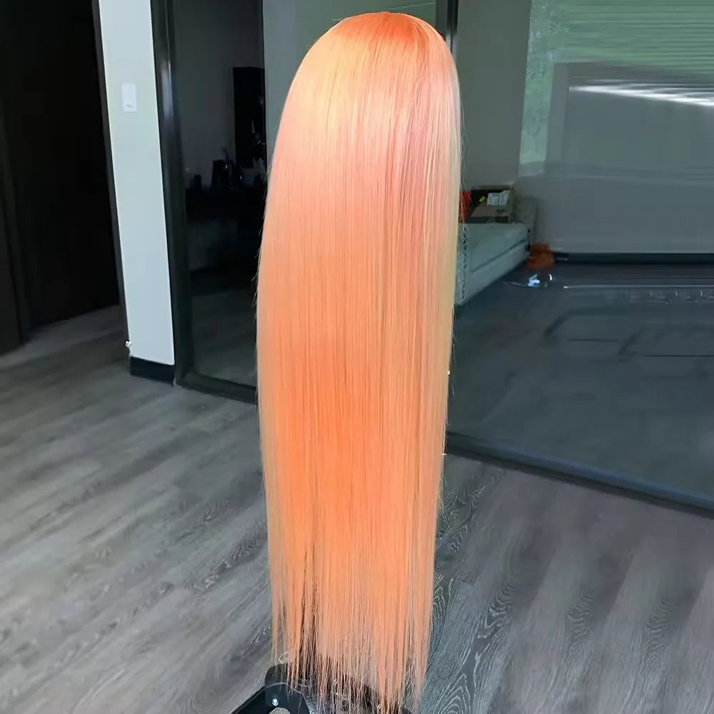 Light orange long straight synthetic wig with front lace cap, shown on a model.