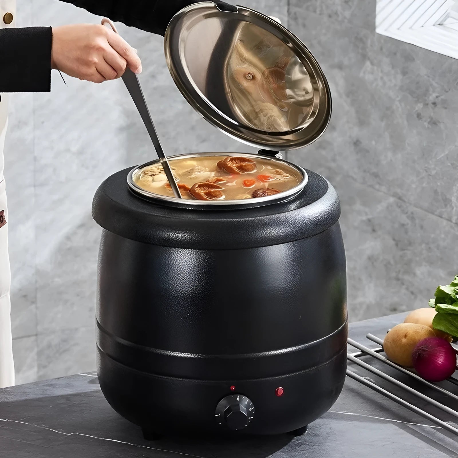 Black stainless steel insulated electric soup pot with steel lid and adapter plug, 10 litre capacity