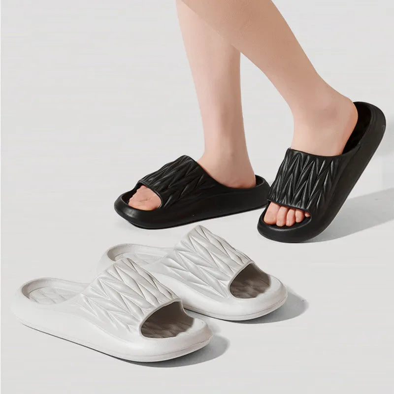 Leaf texture design EVA slippers in multiple colours showing non-slip patterned sole