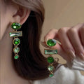 Green gradient geometric Chinese style alloy earrings with zircon inlay and tassel detailing