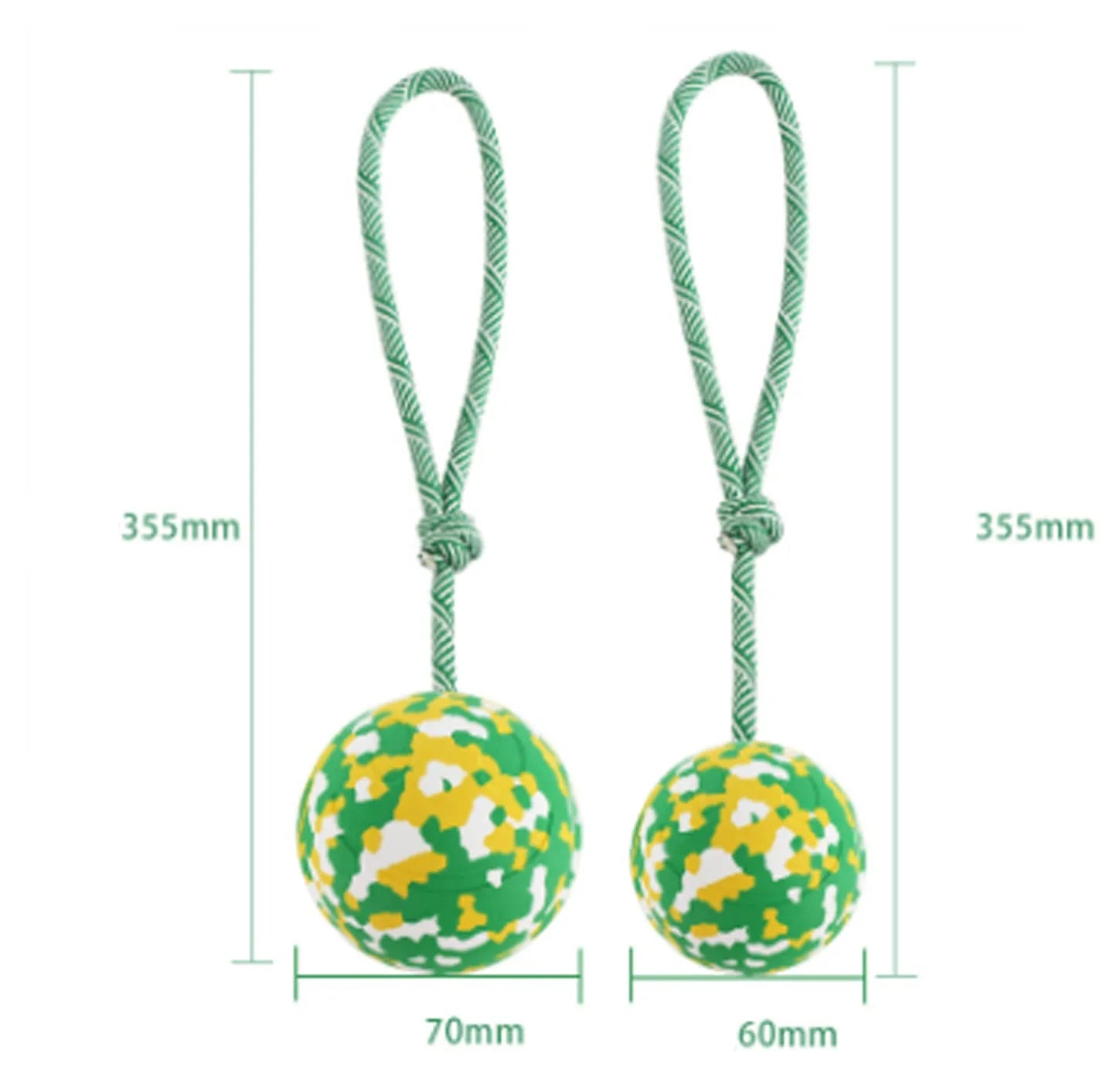 Natural rubber dog ball attached to a nylon rope for fetch and tug games.
