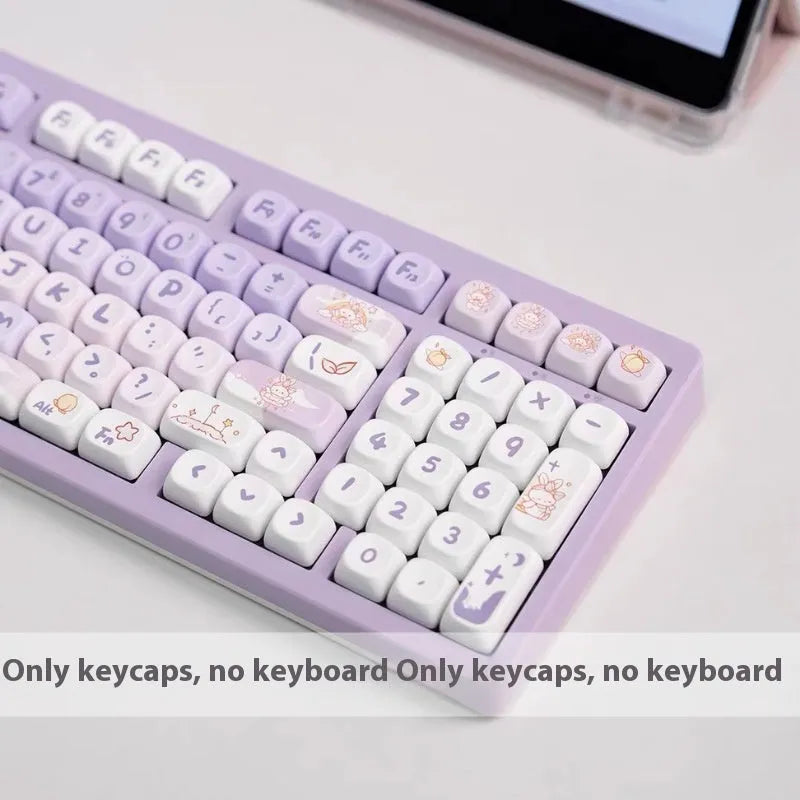 Set of gradient purple PBT keycaps with colourful Coeco rabbit artwork for mechanical keyboards.