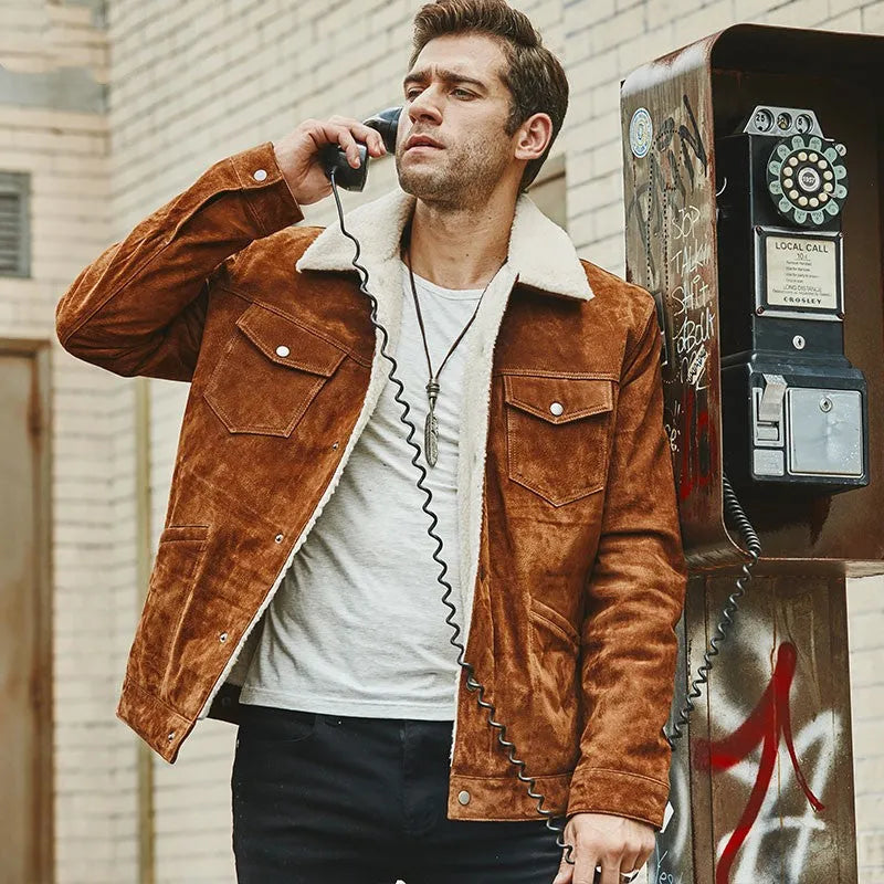 Men's genuine brown pigskin leather jacket with cotton padding and lapel collar