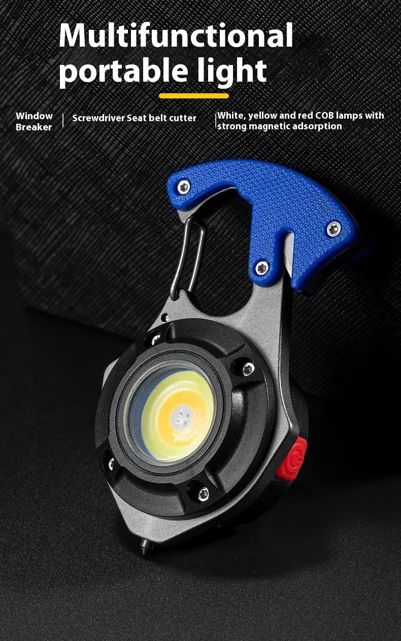 Compact multifunctional keychain flashlight showing light modes, window breaking hammer, screwdriver, and keyring attachment.