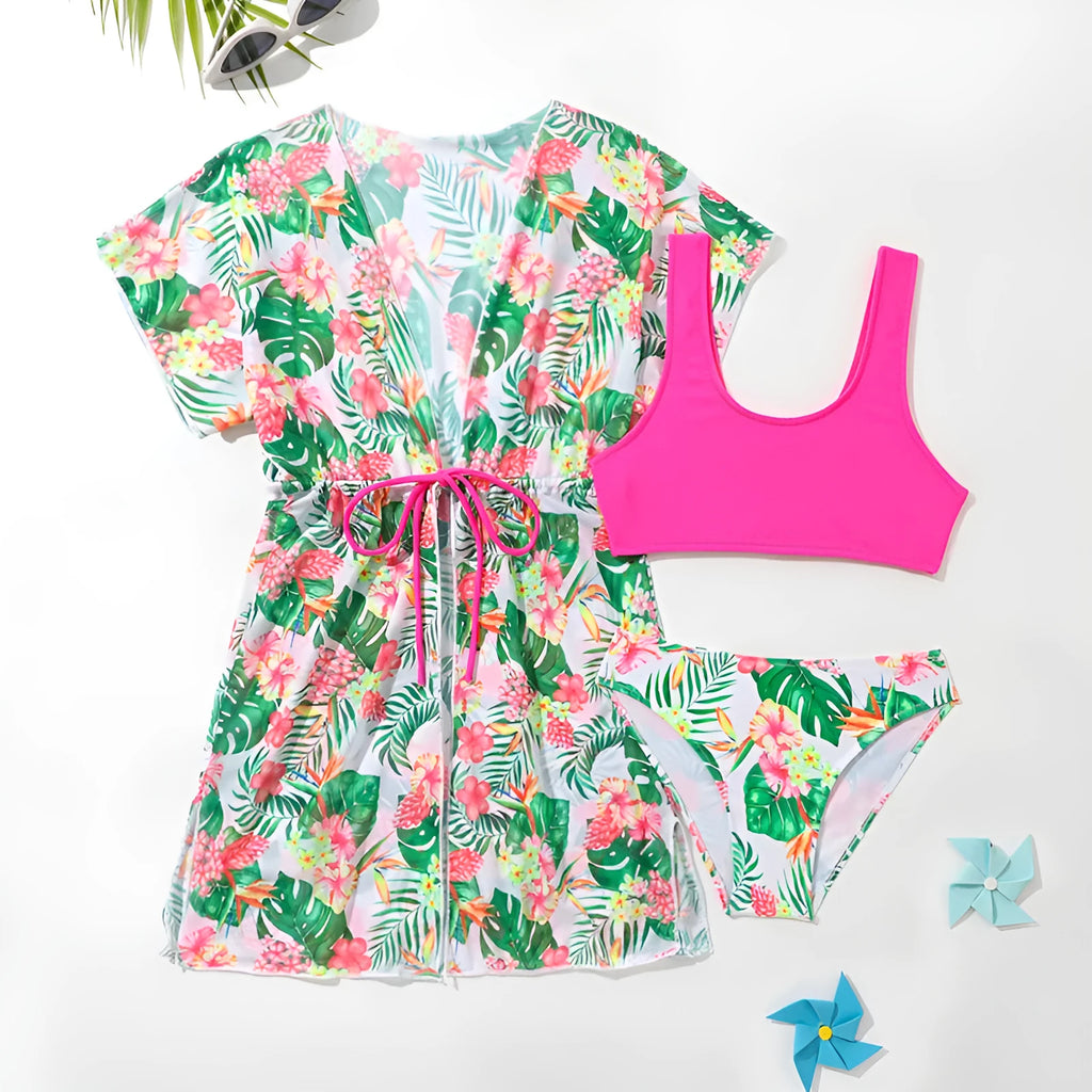 Girls' two-piece swimsuit set with split overclothes in floral print, sizes 130-160cm