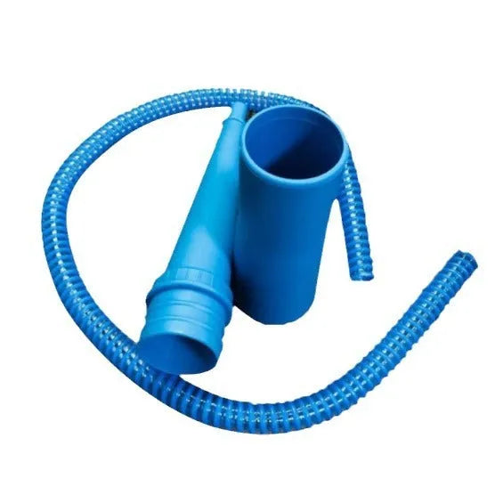 Blue and white plastic suction pipe cleaner with round head, 114 cm long, next to a pack of blue opp bags.