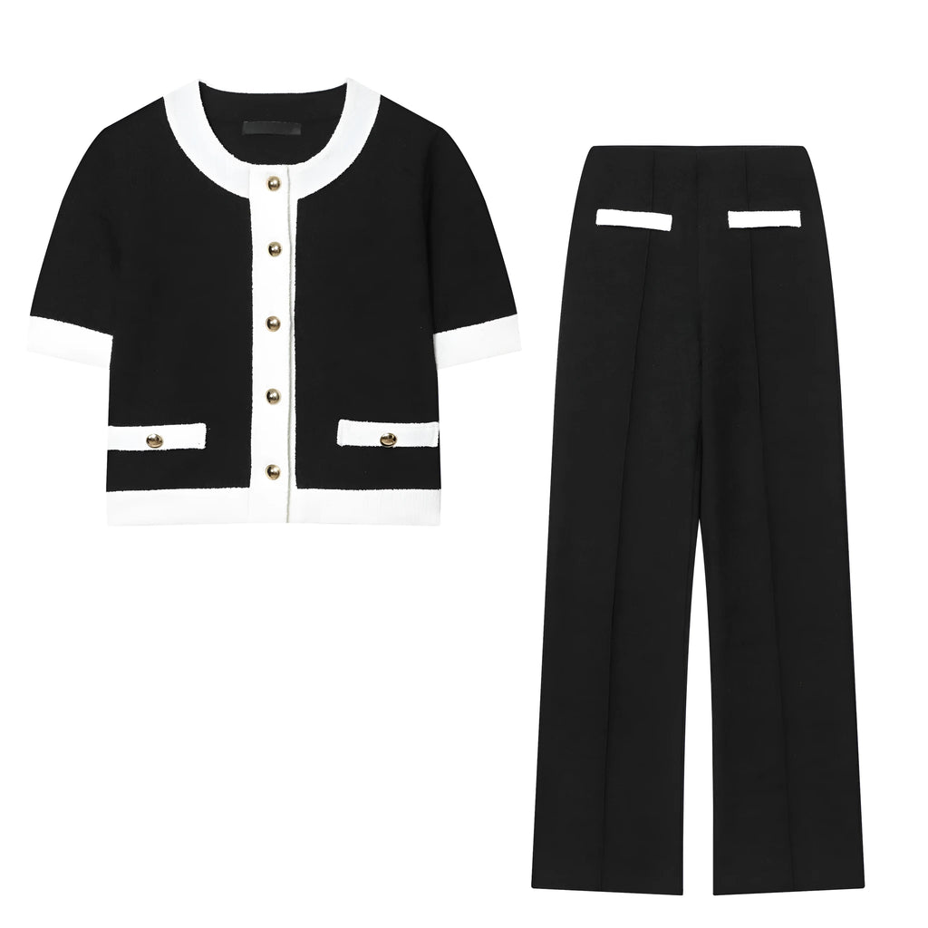 Women's polybead street fashion trousers suit with contrast colour detailing and high-waisted trousers