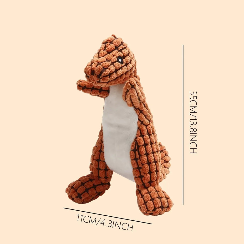 Set of four grey, green, and orange dog chew toys that produce sound, shown with size scale.