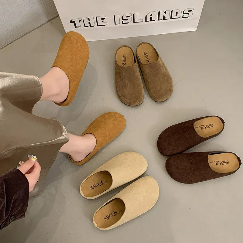 Microfiber outdoor slip-on slippers with square toe design in apricot colour