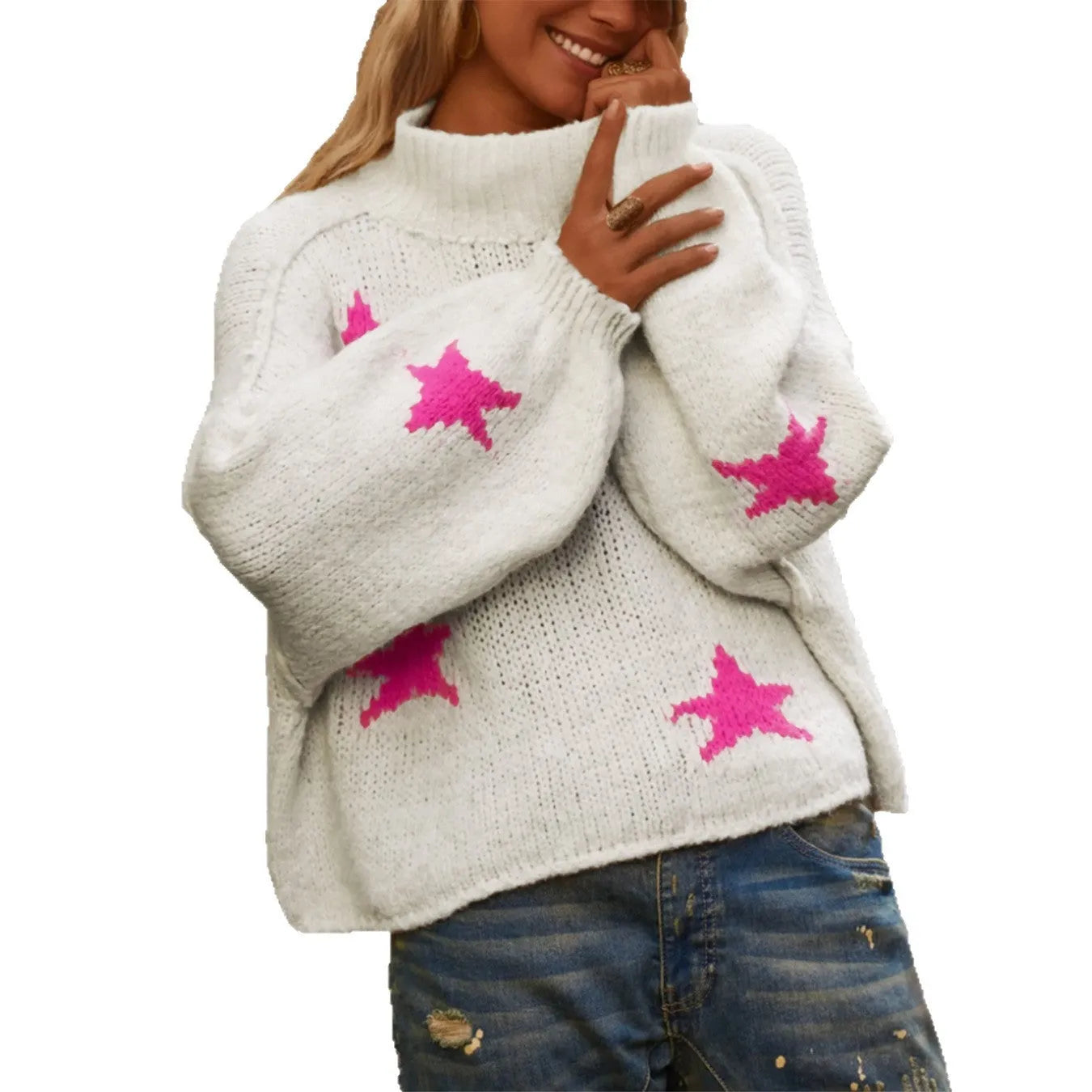 White women's turtleneck pullover with five-pointed star pattern and imitation velvet fabric