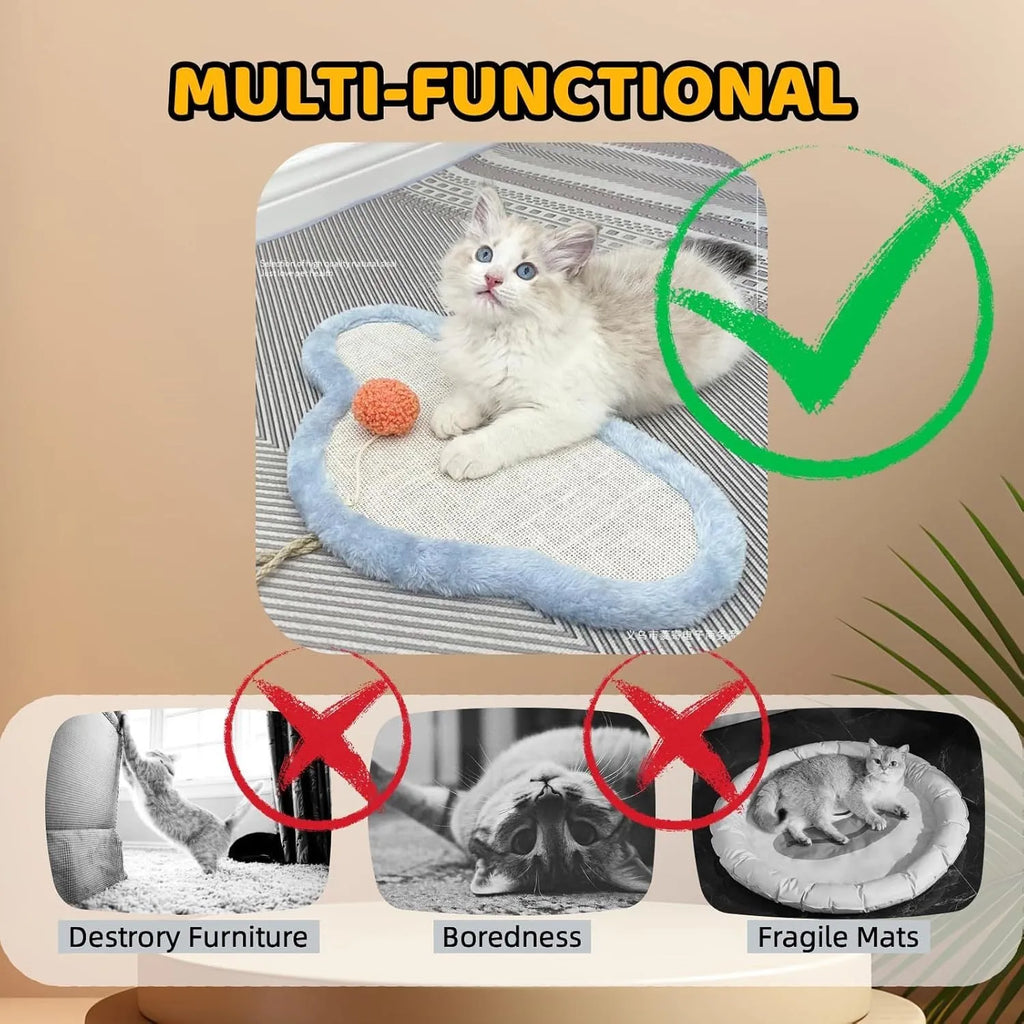 White natural sisal cat scratching mat with cartoon sleeping cat design