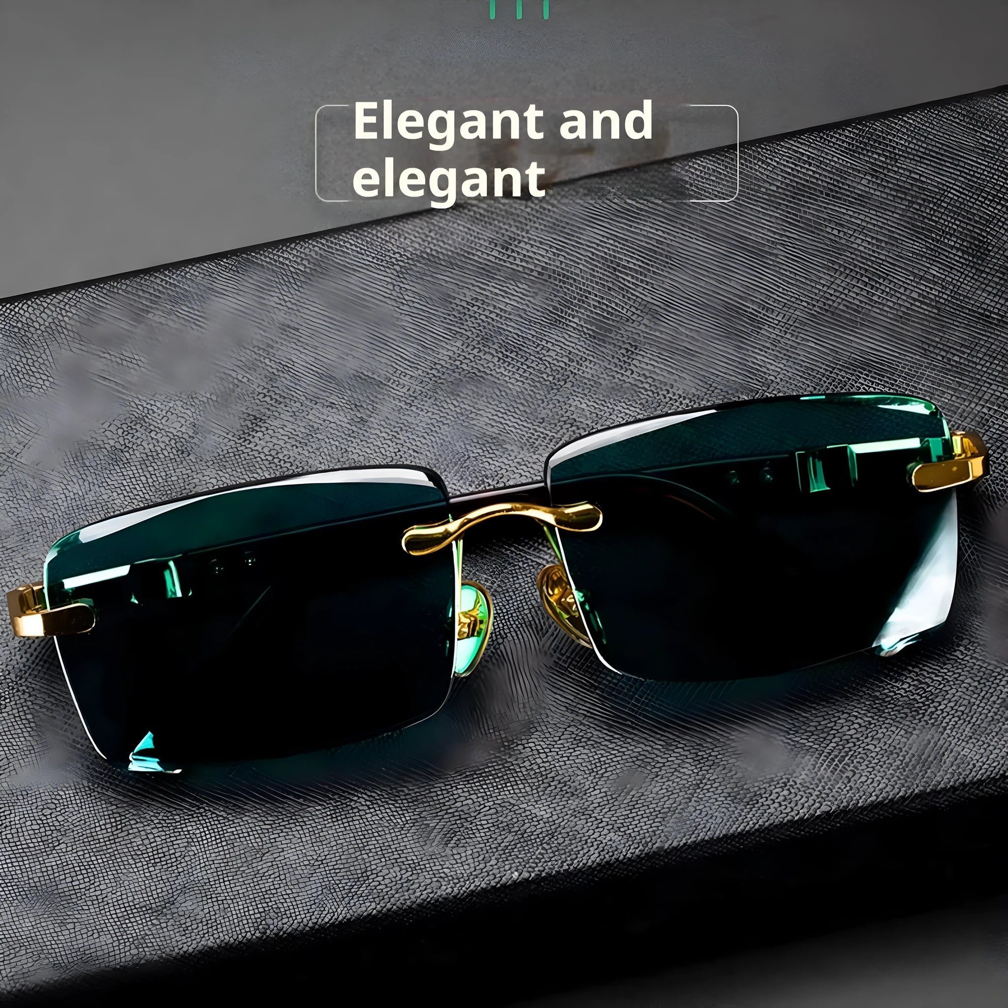 Frameless sunglasses with dark green lenses displayed alongside a protective hard case and cleaning cloth.