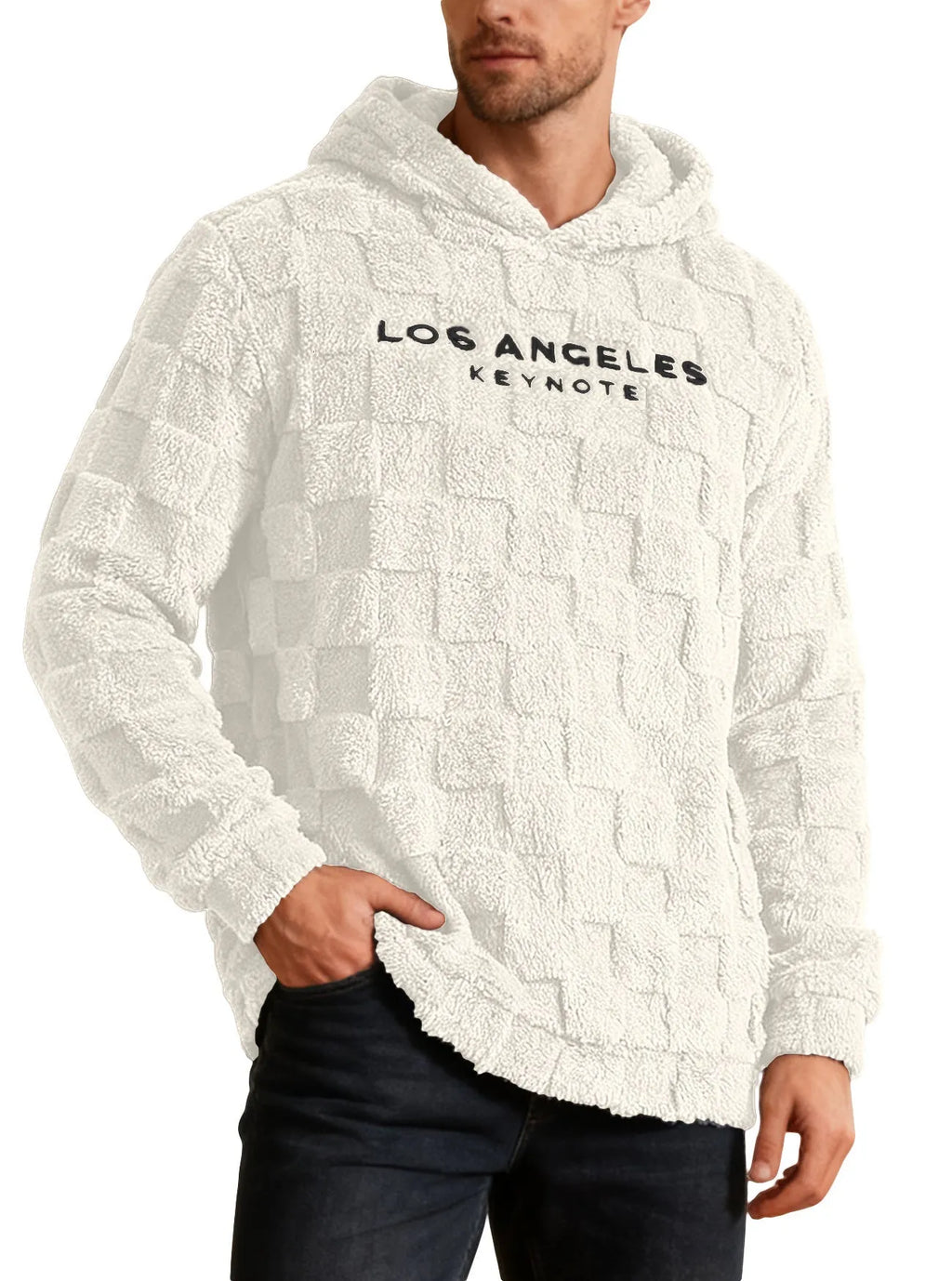 Men's hooded polar fleece thickening pullover sweater in beige, loose leisure sports style with long sleeves