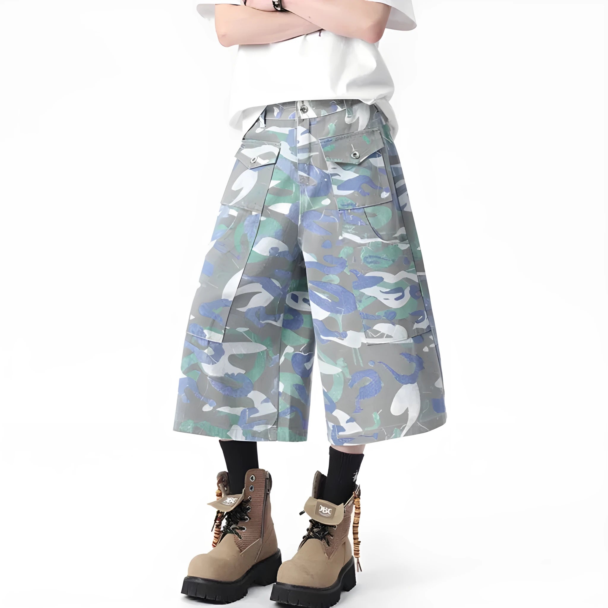 Camouflage colour denim work trousers with cargo pocket, cropped length, straight leg fit