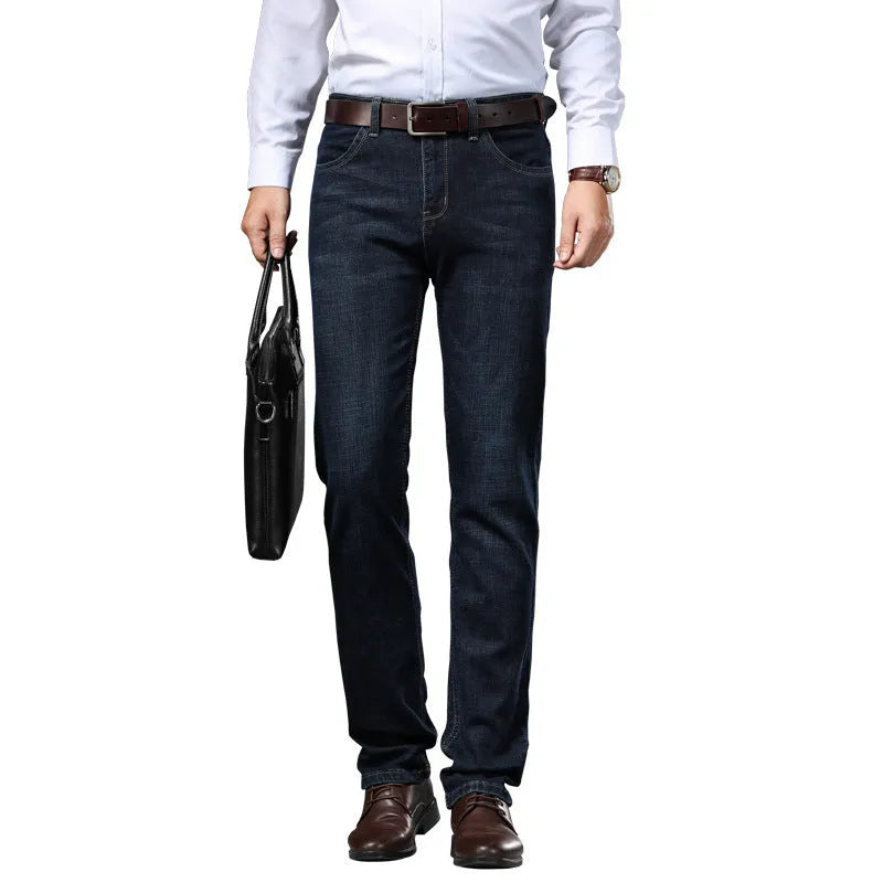 Women's stretch denim straight-leg trousers in black or blue available in plus sizes