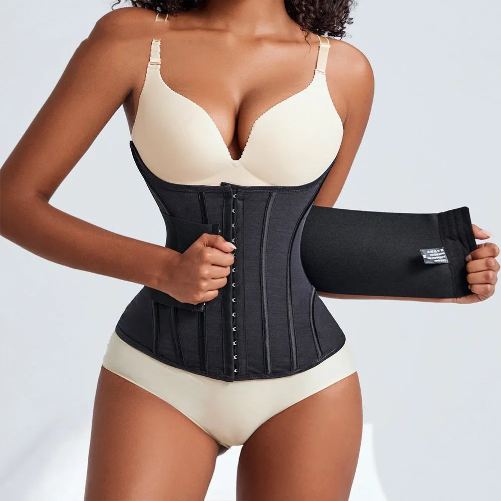 Nylon belly band waist trainer in black or apricot colour with belt tie adjustment