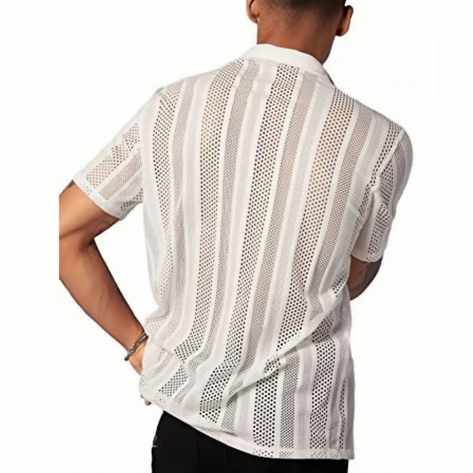Men's white knitted short-sleeve button shirt with jacquard cardigan street fashion styling
