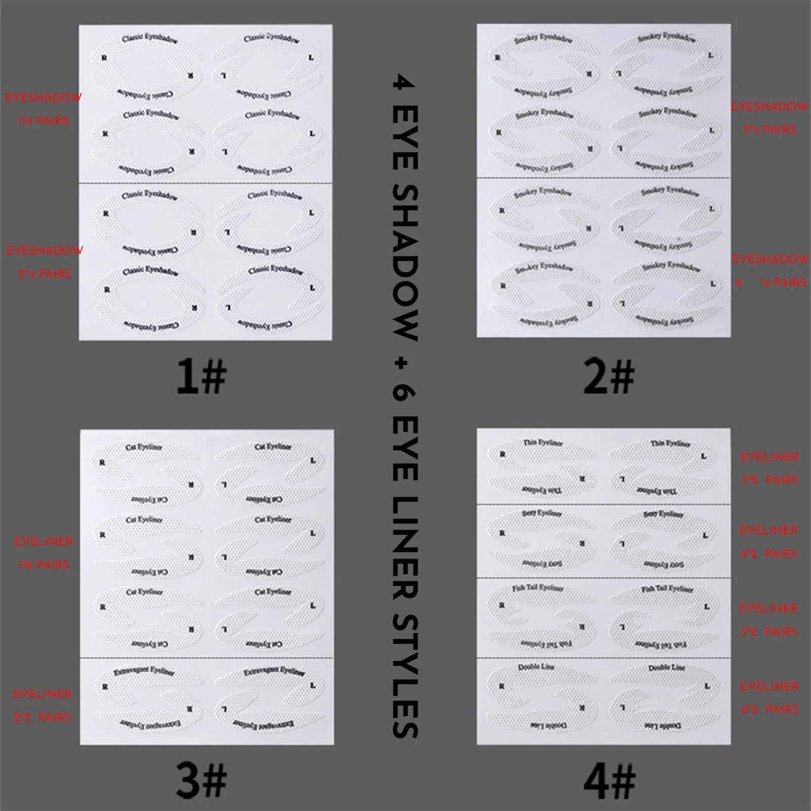 Set of four reusable flexible eyeliner and eyeshadow makeup stencil templates on a pink background