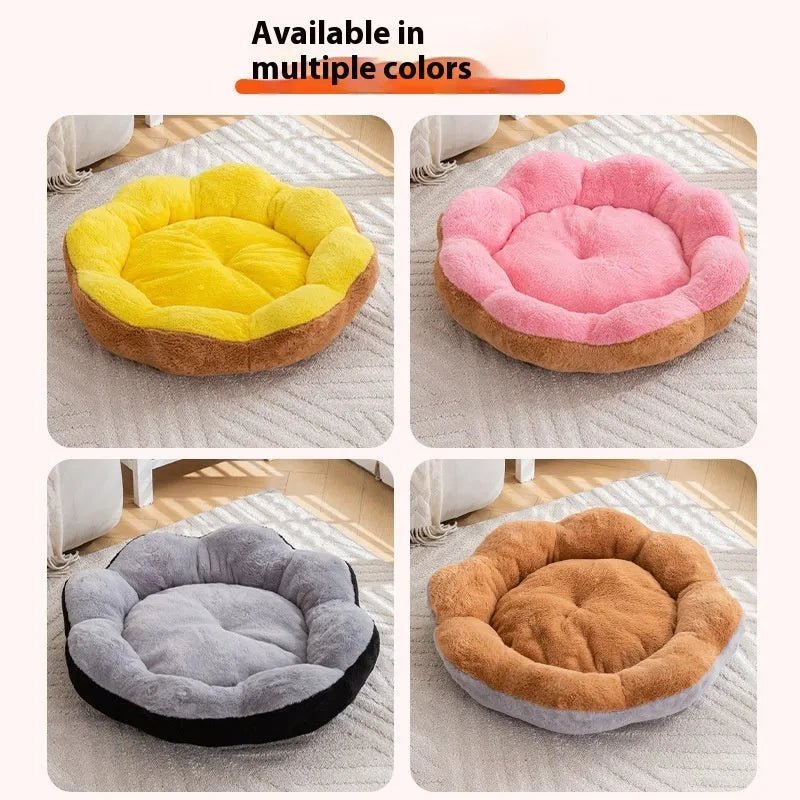 Round rabbit plush cat bed with a detachable washable cover in grey and black colour.