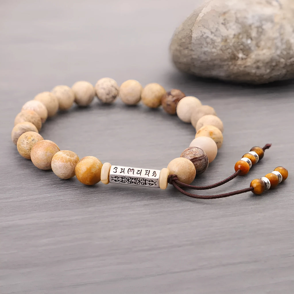 Handmade stone bead bracelet with wooden colour accents in retro minimalist design