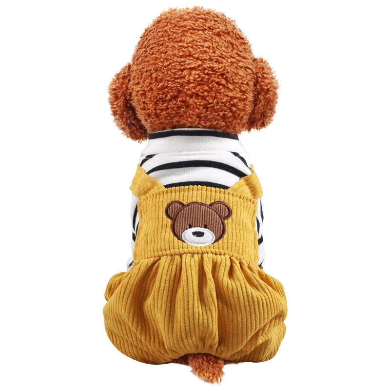 Bread bear design teddy fleece-lined dog overalls for small to medium dogs, polyester material, four-leg style