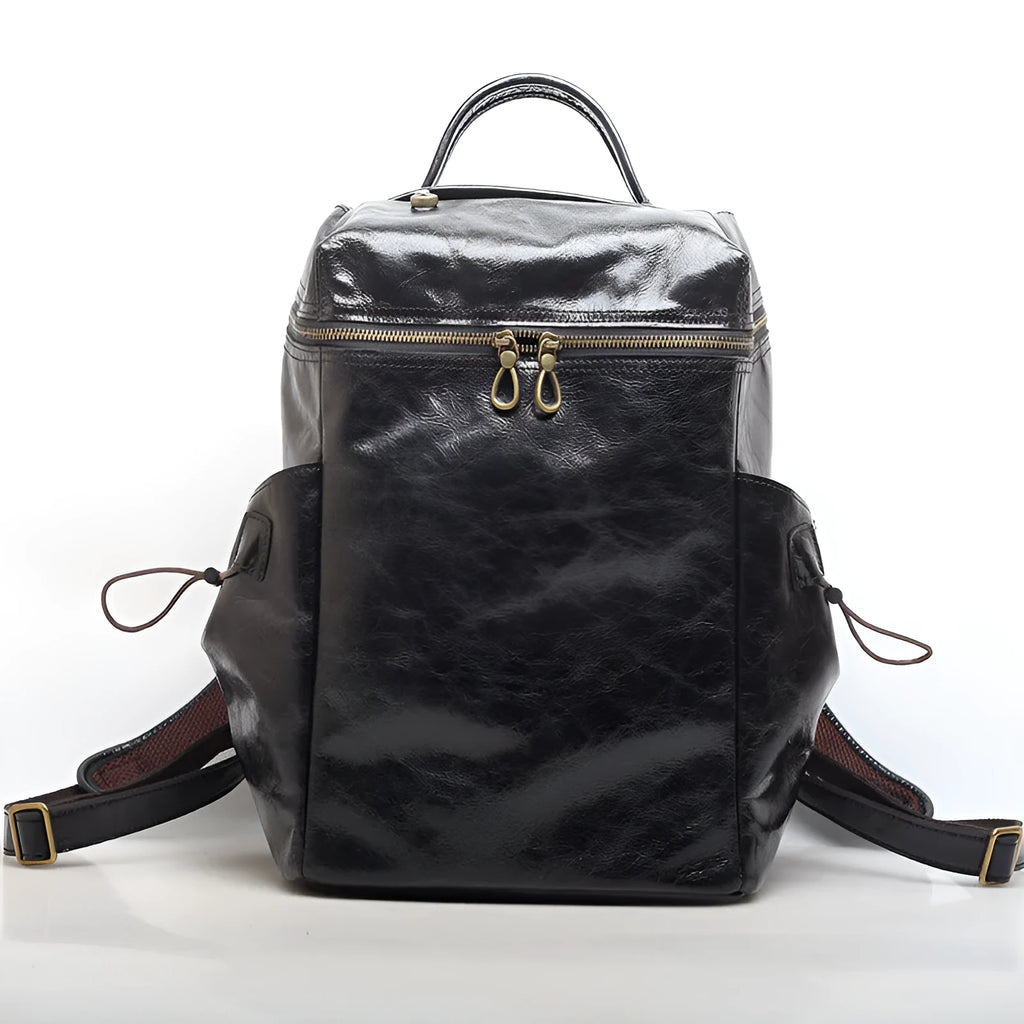 Classic retro Crazy Horse leather backpack in black with anti-theft multi-compartment design