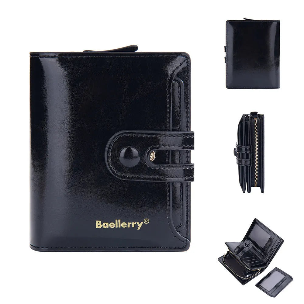 A PU leather card holder wallet for women, shown in various colours including black, white, blue, and pink.