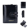 A PU leather card holder wallet for women, shown in various colours including black, white, blue, and pink.