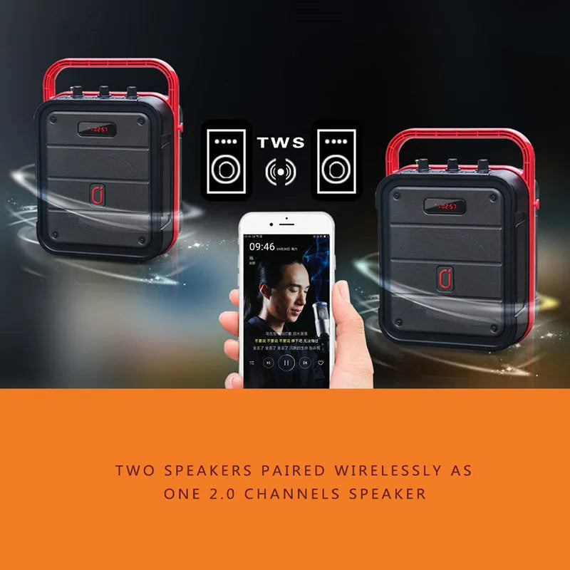 MS62AI portable Bluetooth speaker with wireless microphone and remote control on table