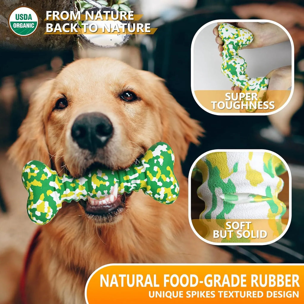 Natural rubber dog chew toy with camouflage pattern, shown in green, white, and yellow, bone-shaped for medium and large breed dogs.